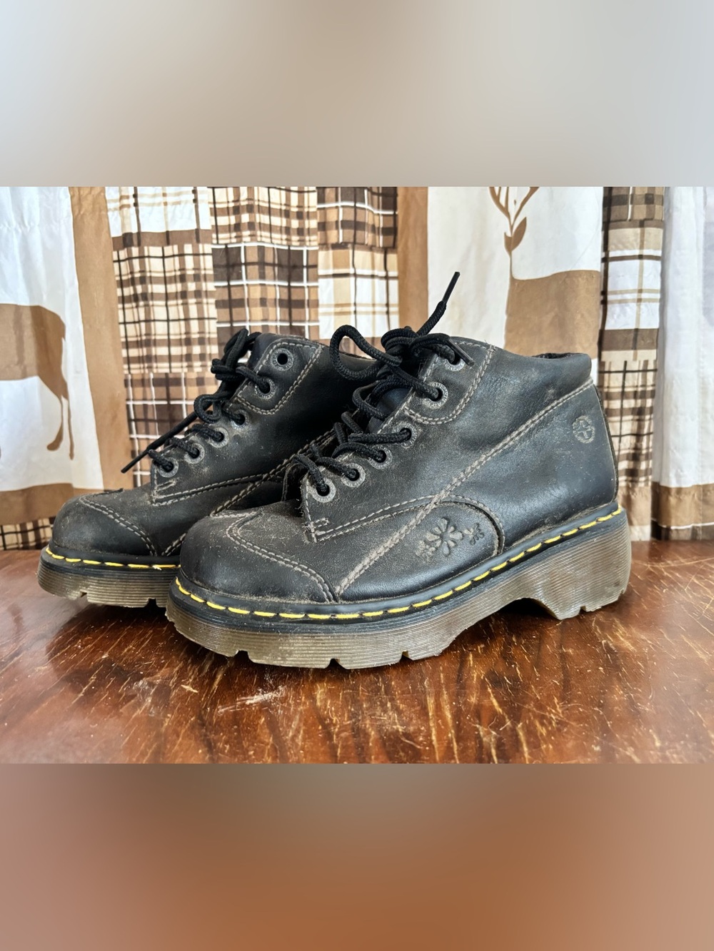 Dr. Martens Black Leather Lace-Up Platform Boots with Yellow Stitching